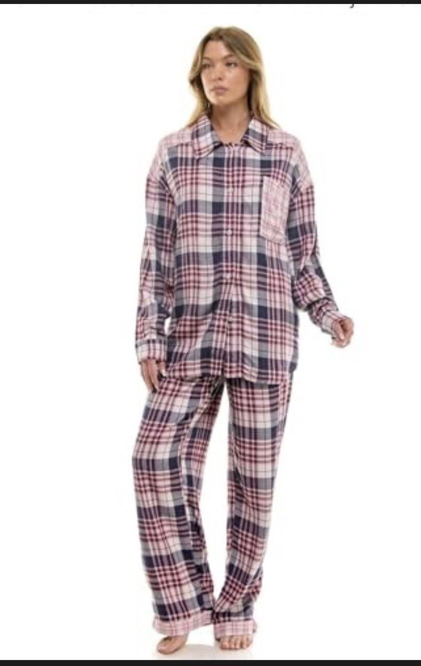 Roudelain Plaid Long Sleeve Button Pajama Pants Shirt Set Notch Collar Size M